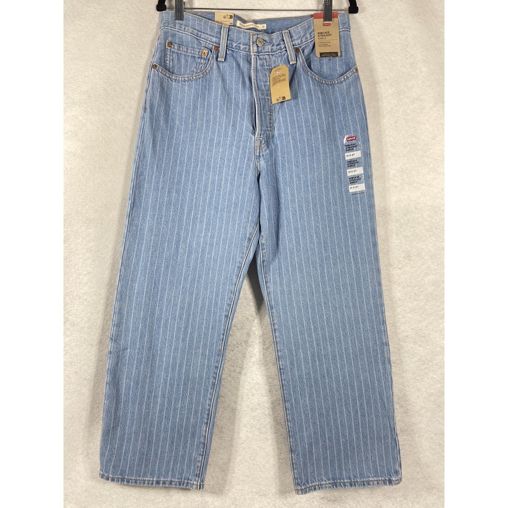 Levi's Ribcage Straight Ankle Jeans 31x27 Blue Striped 100% Cotton NWT